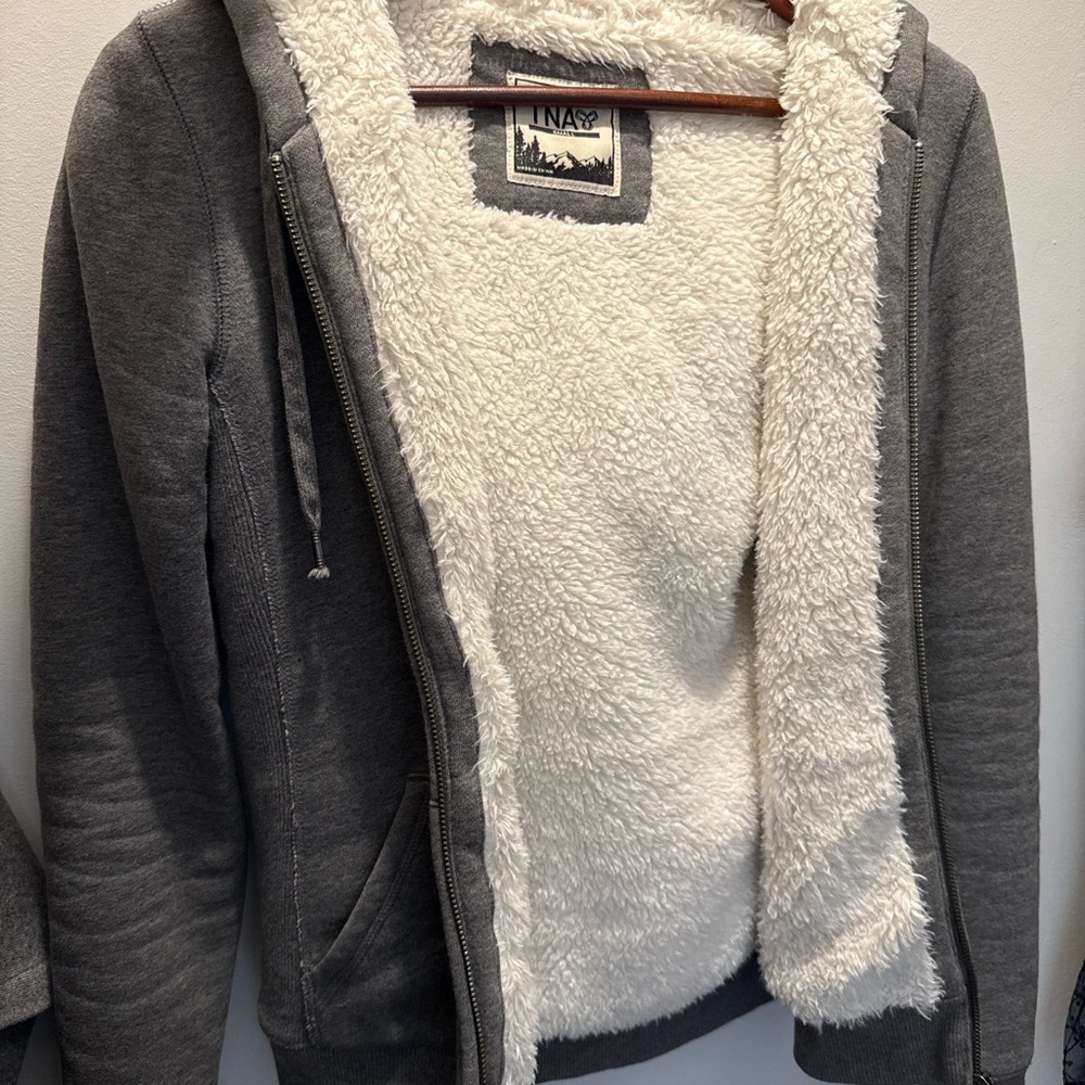 TNA Aritzia Small Grey Zip-Up Hoodie with Sherpa Lining